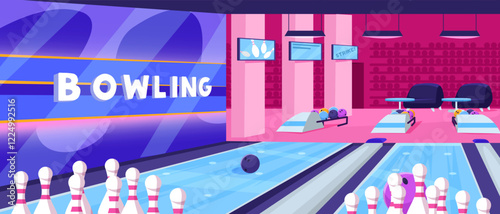 Colorful bowling alley featuring lanes, bowling pins, balls, seating, and wall screens on a vibrant background. Concept of leisure. Vector illustration