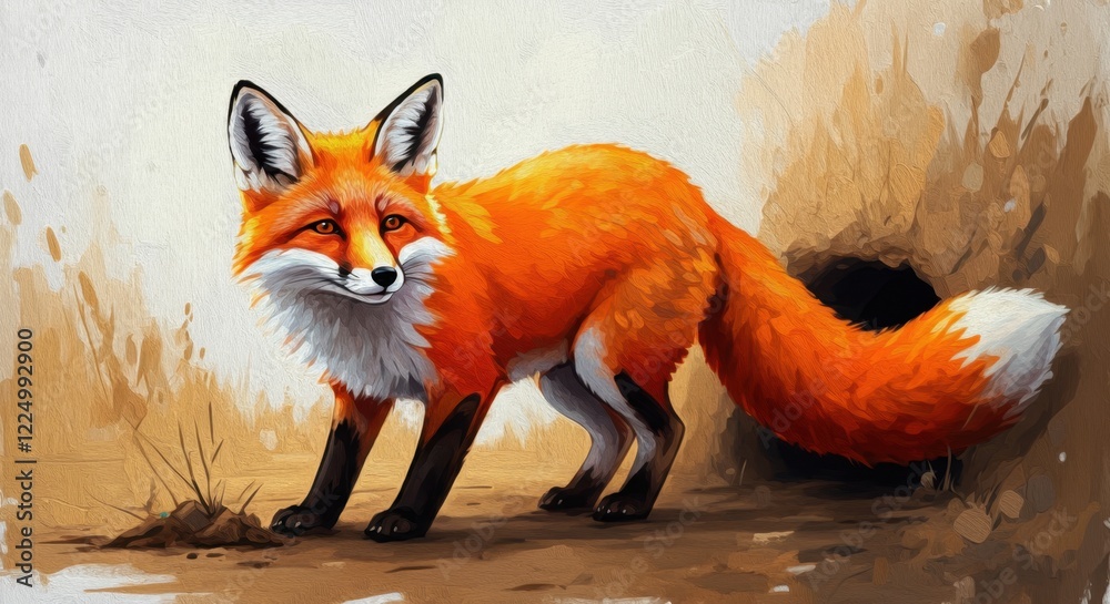 Fototapeta premium Cartoon the fox stands on four paws, enthusiastically raking the ground with his front paws.