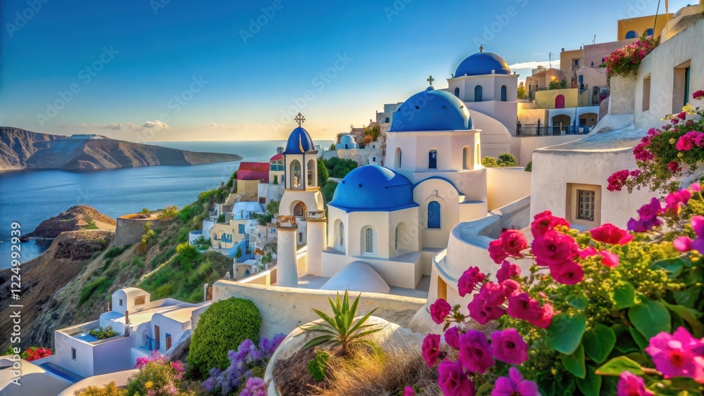 Fototapeta premium Whitewashed houses with blue domes and narrow streets lined with blooming wildflowers in the picturesque village of Oia on the Greek island of Santorini , Cyclades, Greece