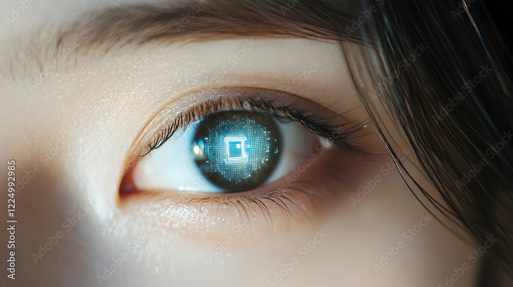Fototapeta premium Close-up of a human eye with a futuristic digital interface, representing technology and innovation in a digital world -