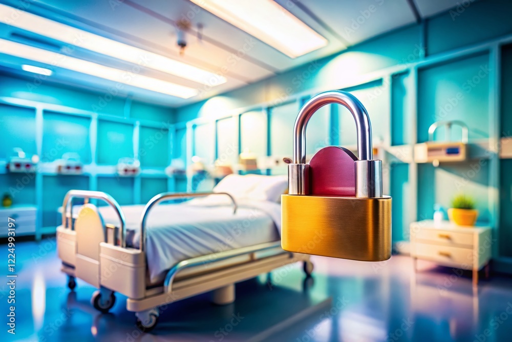 Fototapeta premium Tilt-Shift Photo: Digital Lock Protecting Hospital Bed, Patient Data Privacy