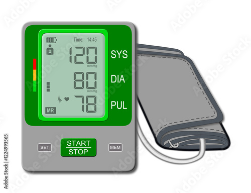 A 3D-rendered illustration of a personal blood pressure meter, isolated on a white background