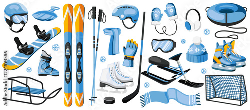 Winter sports equipment set featuring skis, snowboards, skates, helmets, and accessories on a white background. Winter activity concept. Vector illustration