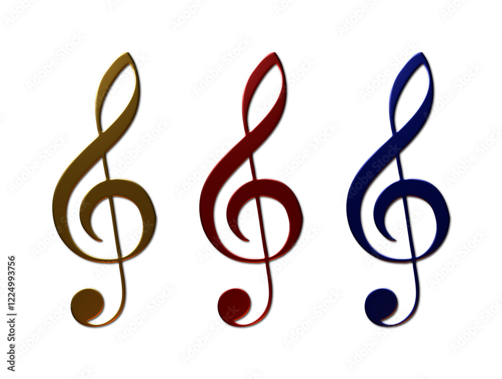 Fototapeta premium A set of 3 - 3D rendered illustrations of finish, metallic textured music treble cleft keys in gold, red and blue. Isolated on a white background.