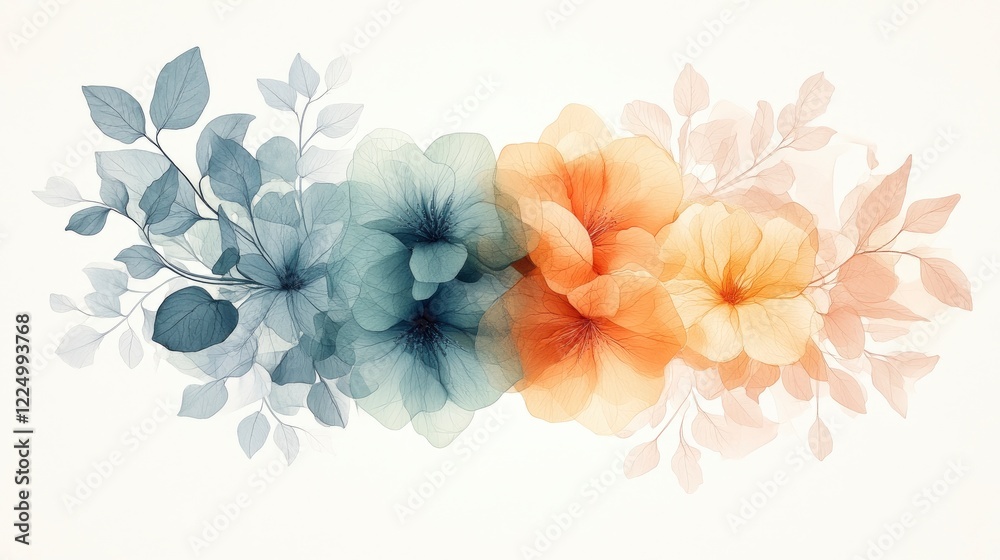 Obraz premium A delicate arrangement of translucent flowers and leaves in soft pastel hues, creating a serene and elegant floral design.