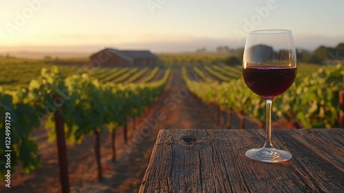 A glass of red wine in a vineyard.