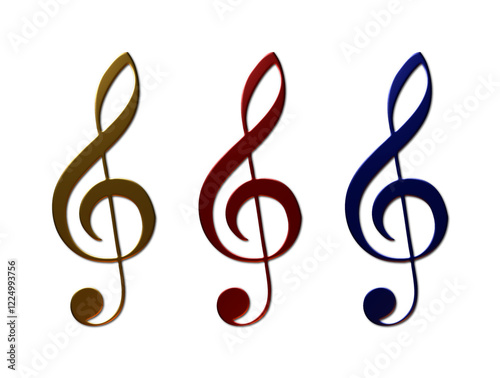 A set of 3 - 3D rendered illustrations of finish, metallic textured music treble cleft keys in gold, red and blue.  Isolated on a white background.
