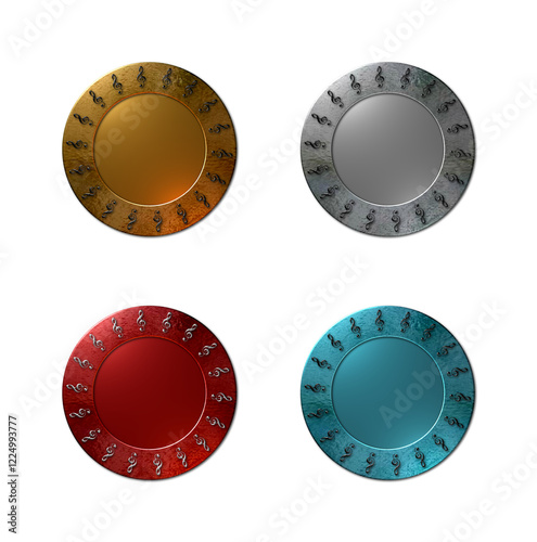 A set of 4 - 3D-rendered illustrations of metallic textured blank circular shield in Gold, Platinum red and ice blue with a treble cleft pattern around the circumference. Isolated on a white backgroun