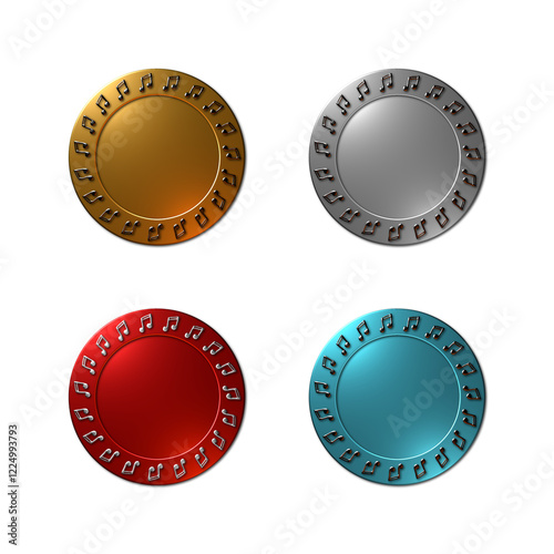 A set of 4 - 3D-rendered illustrations of metallic textured blank circular shield in Gold, Platinum red and ice blue with a music note pattern around the circumference. Isolated on a white background.