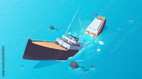 Two ships collide in blue ocean water, causing turbulence and debris. Minimalist art style, marine accident concept. Vector illustration