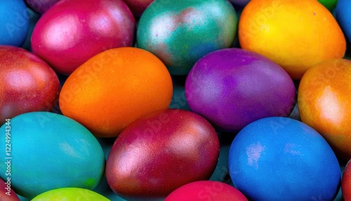 multicolored Easter eggs. Close-up of eggs decorated with colorful dye for Easter holiday  photo