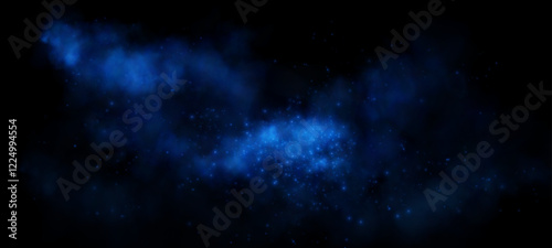 A cosmic digital artwork featuring a glowing blue nebula with scattered stars against a deep black background, evoking a sense of mystery, depth, and the vastness of space.