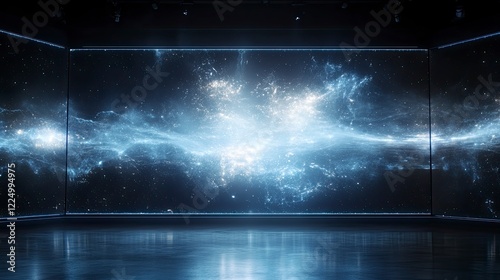 A mesmerizing cosmic display in a modern exhibition space featuring swirling galaxies and shimmering stars in a captivating universe