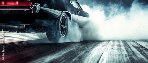 Powerful Classic Muscle Car Burning Rubber, Dramatic Smoke, Low Angle View - Stock Photo