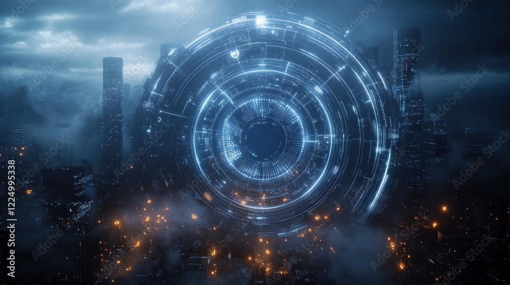Fototapeta premium Futuristic cityscape featuring a glowing technological portal amidst towering skyscrapers and a moody atmosphere