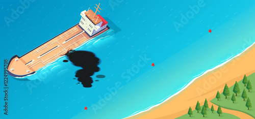Cargo ship leaking oil into the sea, near a sandy beach and forest. Bright blue water and red buoys. Environmental pollution concept. Vector illustration