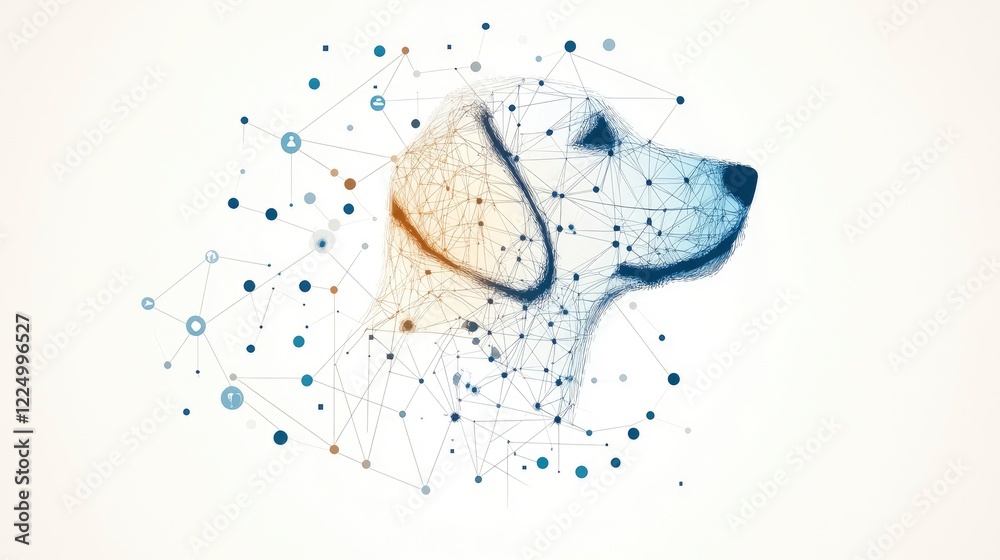 Obraz premium Abstract representation of a dog's head composed of interconnected nodes and lines, symbolizing creativity and technology