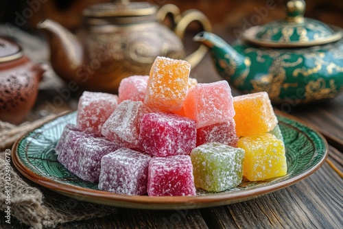 A plate of colorful Turkish delight arranged with exotic teaware photo