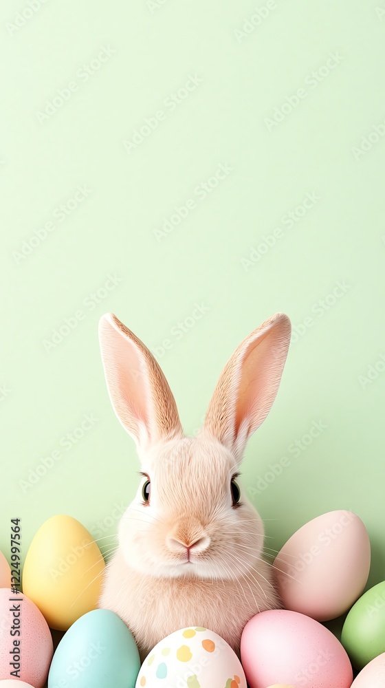 Seasonal backgrounds for international holidays Cute bunny surrounded by pastel Easter eggs. Seasonal backgrounds for international holidays Cute bunny surrounded by pastel Easter eggs.