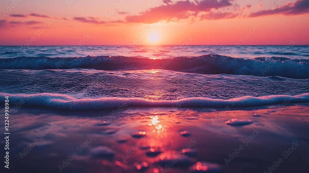 A beautiful sunset over the ocean with gentle waves