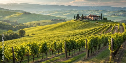 Tuscan Vineyard Landscape: Rolling Hills, Green Vines & Farmhouse