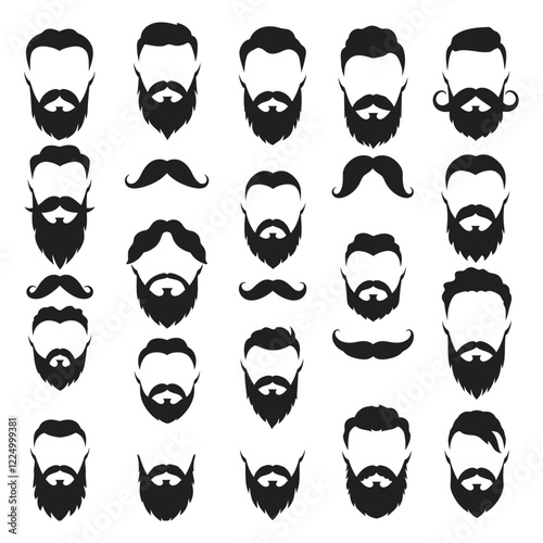  A collection of different black silhouettes of mustache and beard vector illustration with white background