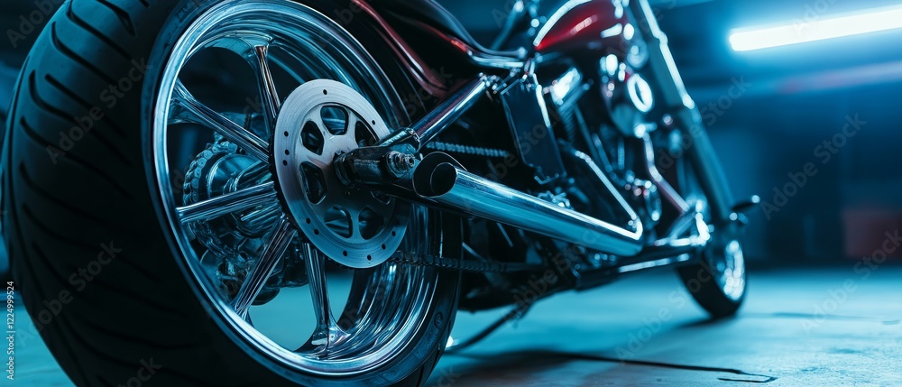 Fototapeta premium Close-up of Chrome Motorcycle Wheel and Rear Axle - Blue Neon Garage Setting