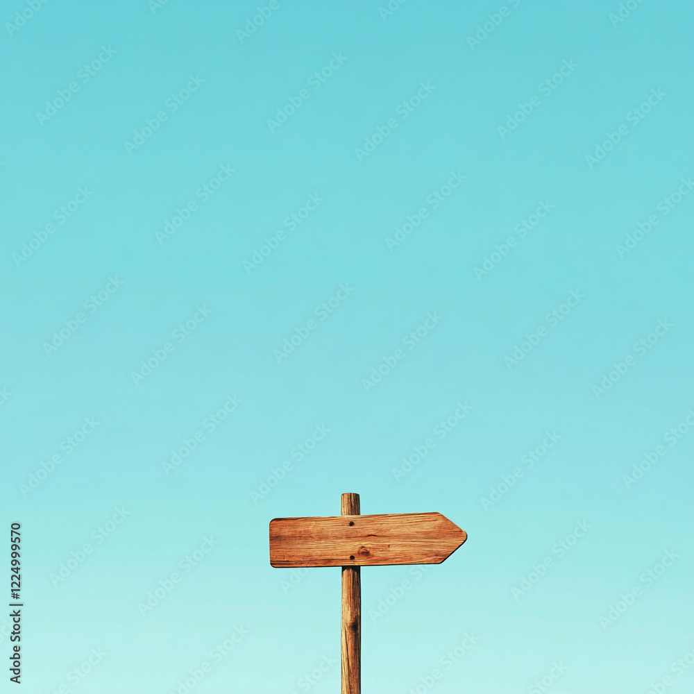 Fototapeta premium Wooden arrow sign on a pole with a clear blue sky in the background, symbolizing direction or guidance, representing travel, navigation, and decision-making.
