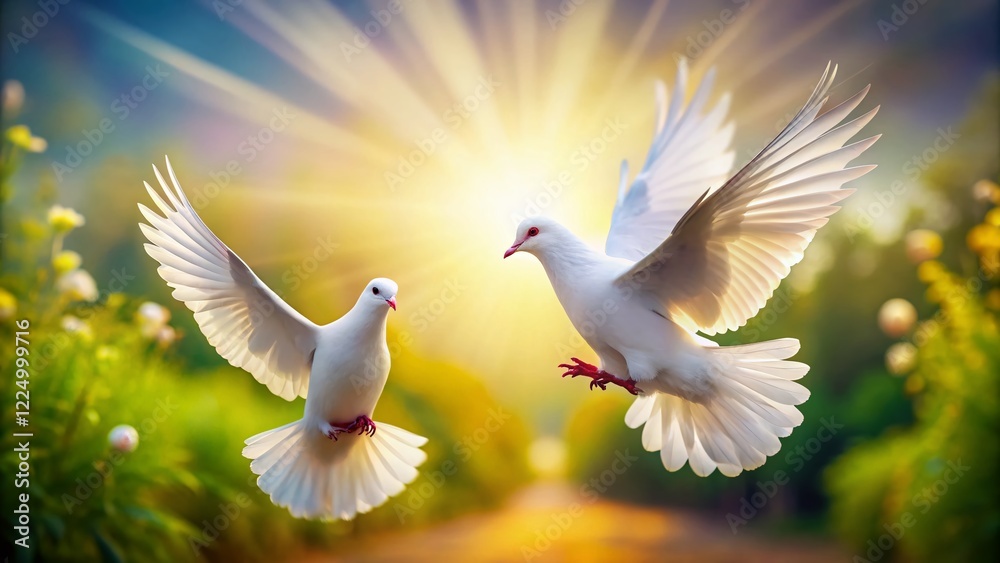 Obraz premium Two White Doves in Flight: Graceful Birds Soaring Through the Sky