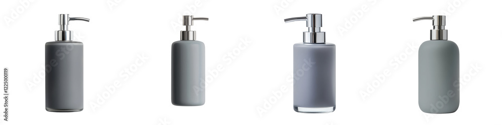 Modern and minimalist ceramic soap dispensers placed on a white countertop in a sleek bathroom interior design The dispensers feature a simple Modern and minimalist ceramic soap dispensers placed on a white countertop in a sleek bathroom interior design The dispensers feature a simple