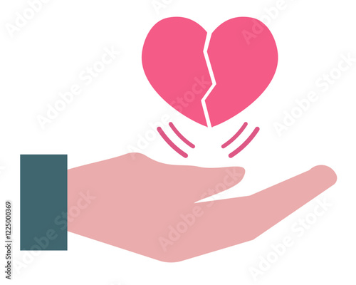 手と割れたハート。割れたハートを手に乗せる。ベクターイラスト