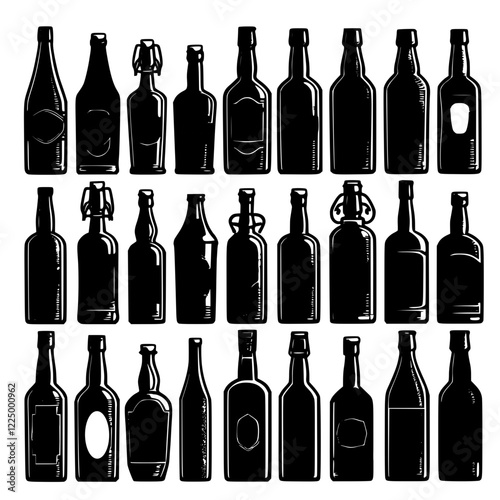 set of bottle ,black silhouettes, full black, no background, transparent background