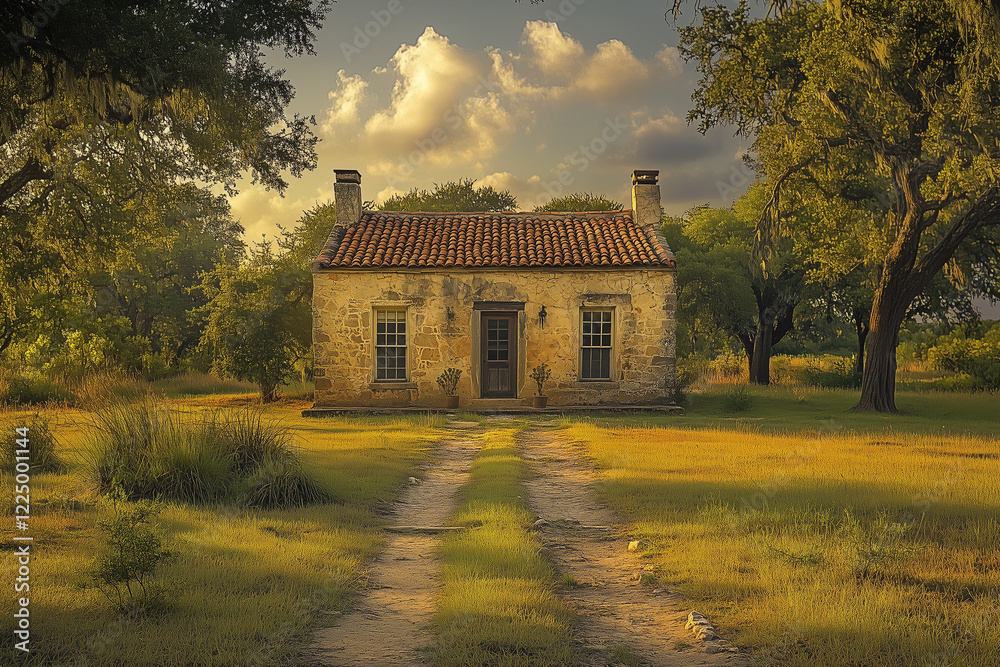 Obraz premium Rustic dirt path winding toward weathered stone cottage, golden sunlight illuminating pastoral landscape with serene countryside ambiance