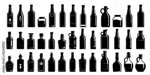 set of bottle ,black silhouettes, full black, no background, transparent background