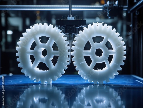 Two white gears being printed by a three dimensional printer in a dark and modern setting photo