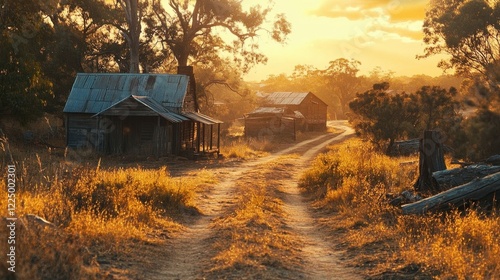 Historic outback scene at sunset.