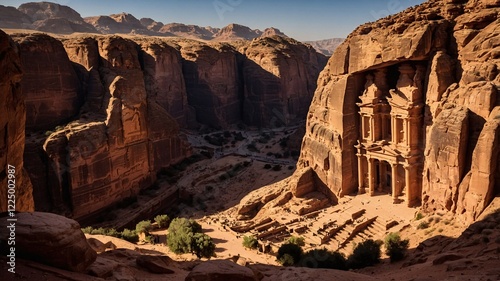 Majestic view of the ancient city of Petra in Jordan showcasing its iconic architectural marvels and breathtaking landscape during golden hour light