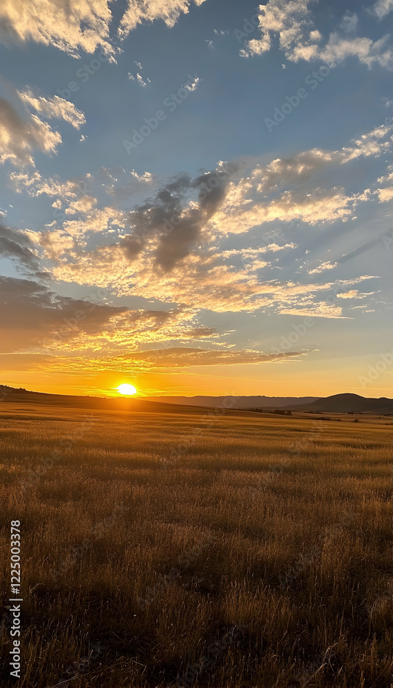 Expansive golden field at sunset with vibrant clouds and clear horizon in rural landscape - Expansive golden field at sunset with vibrant clouds and clear horizon in rural landscape -