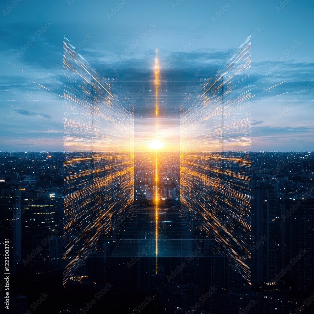 Fototapeta premium A futuristic cityscape showcasing a glowing portal amidst skyscrapers at sunset, representing innovation and technology.