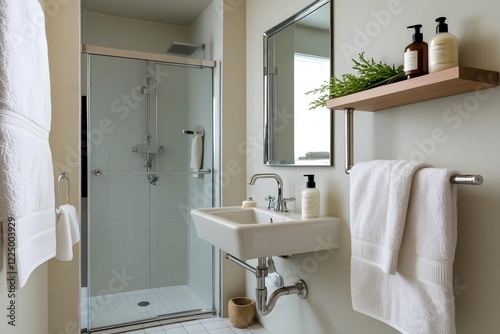 a small bathroom with a simple shower area, a sink with a mirror above, and a shelf holding toiletries, and a soft white towel hanging on the wall