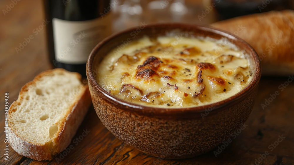 French onion soup with bread and wine on a wooden table. French onion soup with bread and wine on a wooden table.