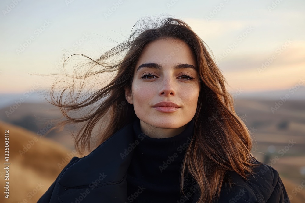 Fototapeta premium A charming woman with soft features stands in a scenic view, reflecting tranquility and confidence, with natural elements creating a harmonious backdrop that evokes serene feelings.