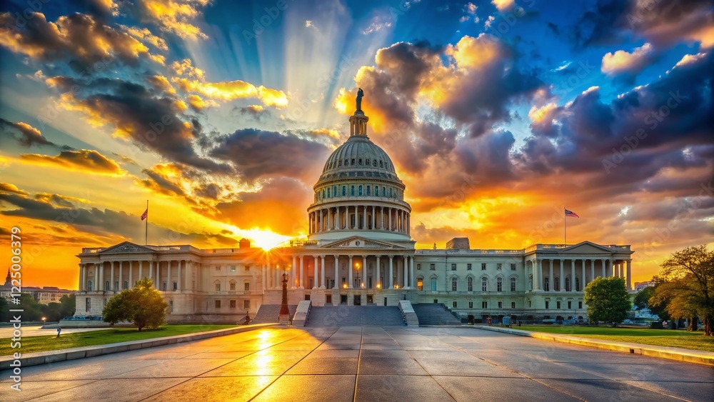 Fototapeta premium US Capitol Sunset: Urban Exploration, Political Division, American Election