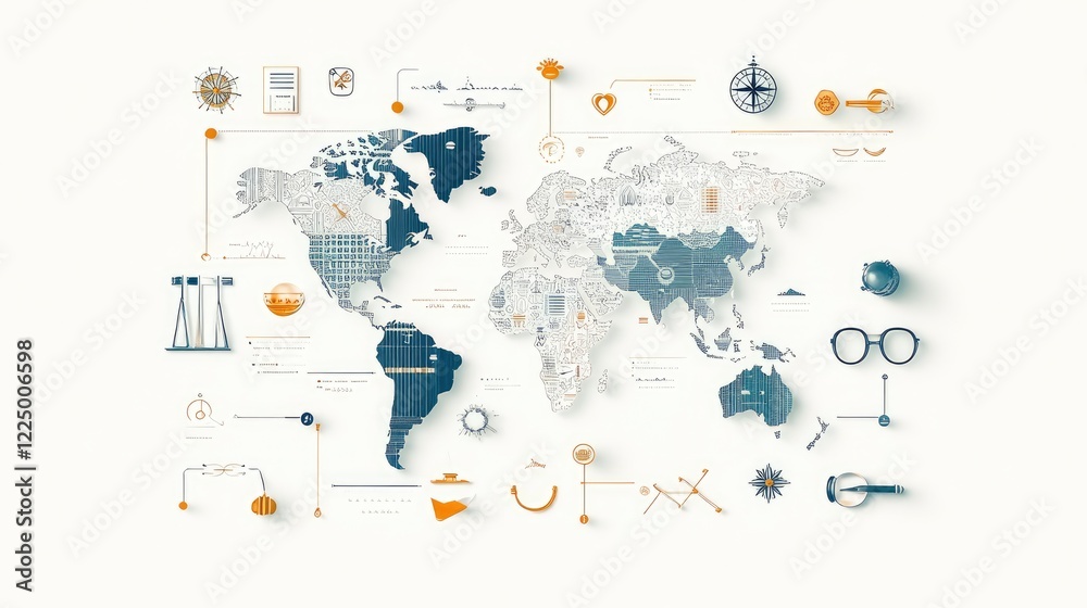 Naklejka premium Artistic world map poster featuring detailed geographical elements, navigation tools, and vintage design motifs in a stylish layout.
