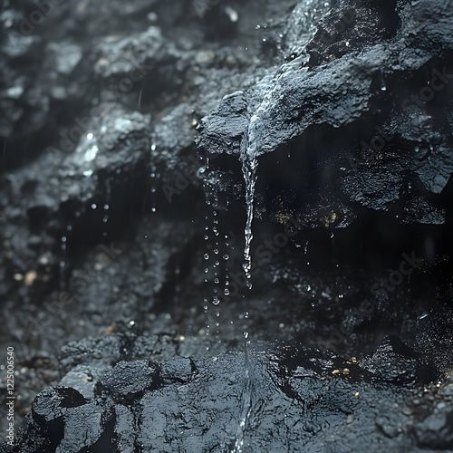 Water dripping from dark, porous rock.