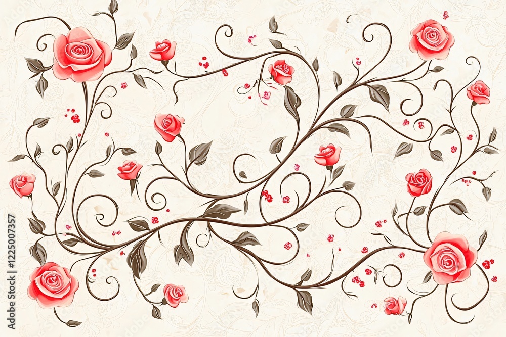 Elegant floral pattern featuring pink roses and swirling vines on a soft cream background Elegant floral pattern featuring pink roses and swirling vines on a soft cream background