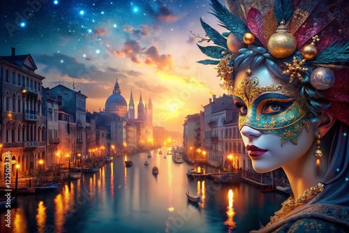 Venetian Carnival Mask Double Exposure: Mysterious Cityscape & Colorful Mask