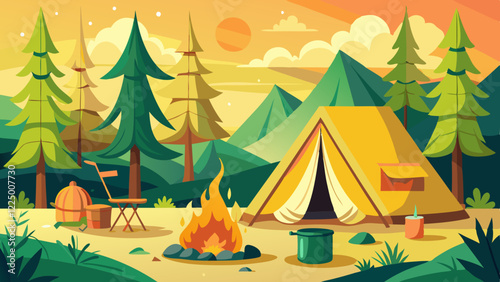 Empty forest touristic camp with tent and bonfire vector flat illustration. Equipment for adventure tourism and active lifestyle. Campsite or halt during travel, bus craft or backpacking 