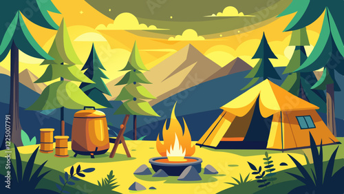 Empty forest touristic camp with tent and bonfire vector flat illustration. Equipment for adventure tourism and active lifestyle. Campsite or halt during travel, bus craft or backpacking 