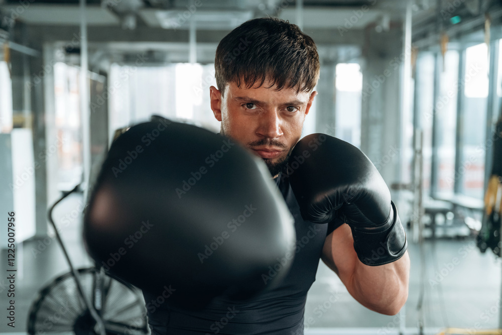 Black boxing gloves. Man is in the modern gym Black boxing gloves. Man is in the modern gym